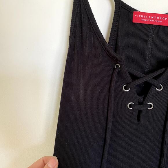 n: Philanthropy Ribbed Lace up Front Sleeveless Mini Dress in Black Small - Picture 5 of 10